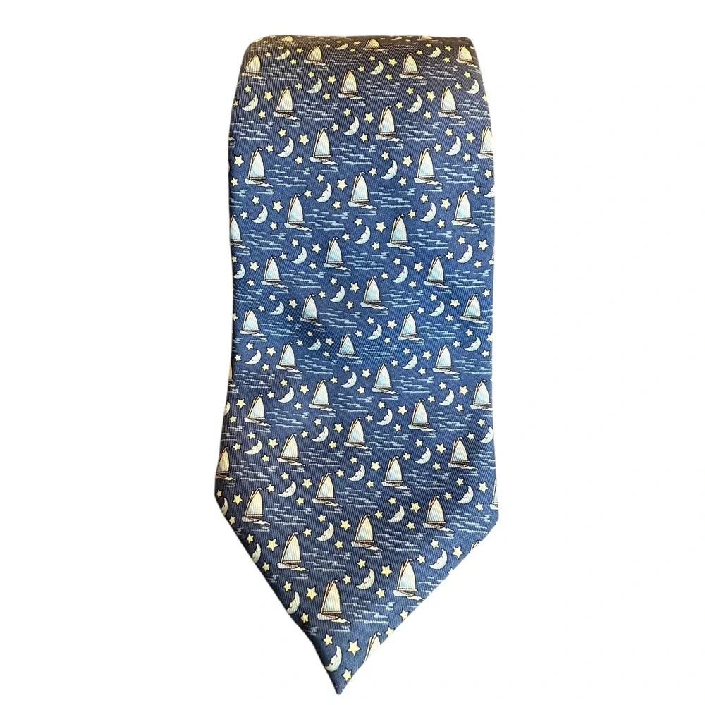 Vineyard‎ Vines Silk Necktie Sailing Boats Moons Stars Navy Blue Men's Accessory